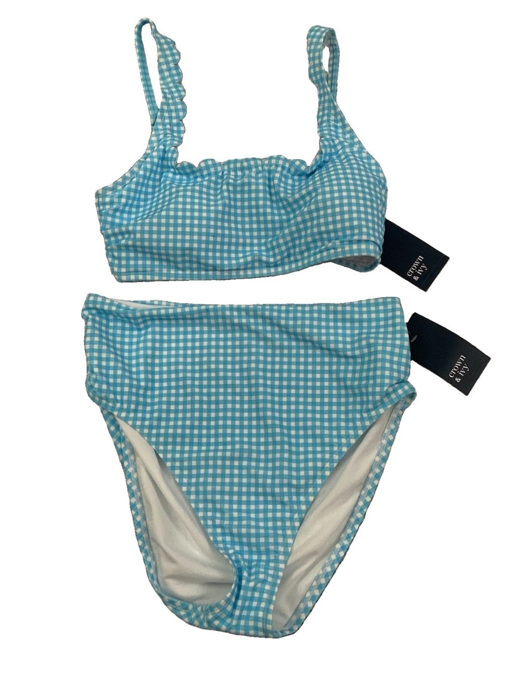Crown & Ivy Women’s 12 Blue White Gingham High Waist Bikini 2-Piece Swimsuit New